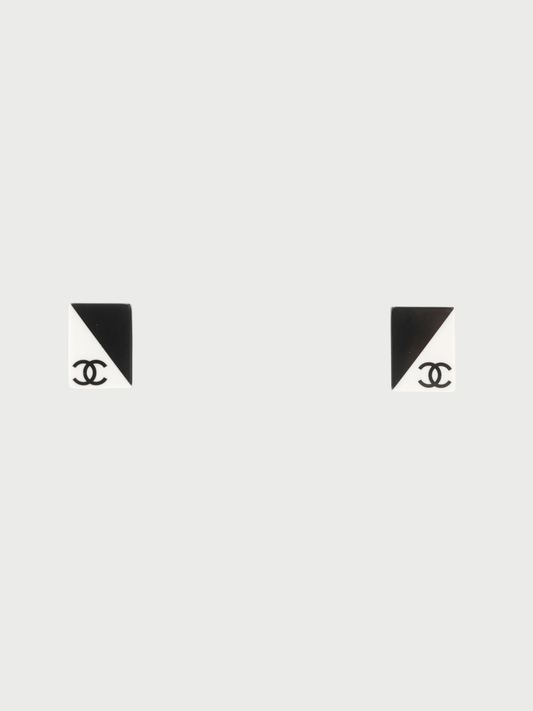 Chanel 2001 Black White Plastic COCO Mark Square Earrings