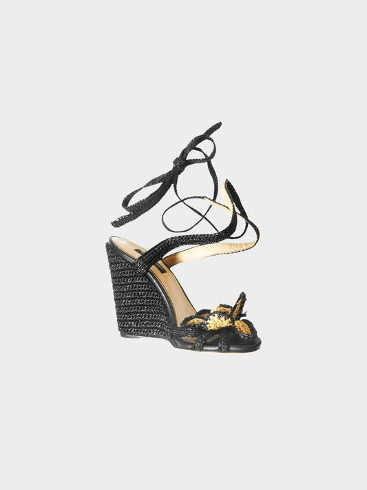 Dolce and Gabbana 2010s Black and Beige Raffia Flower Wedge Sandals