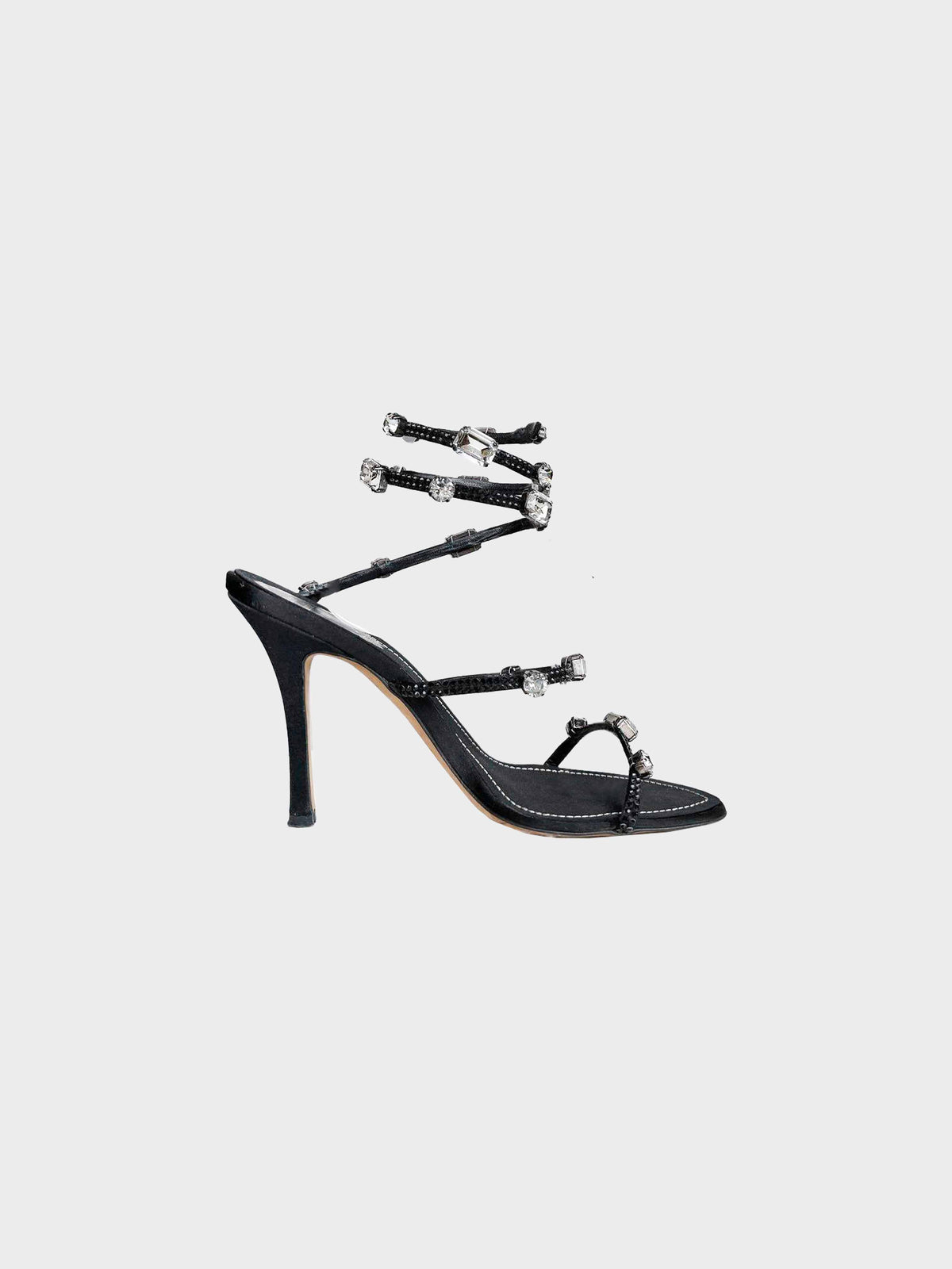 René Caovilla 2010s Black Satin Jeweled Heels