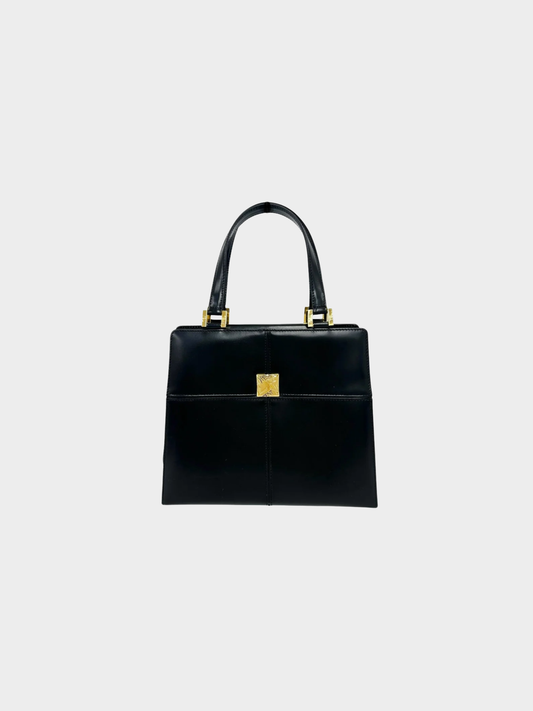 Yves Saint Laurent 1990s Black Box Calfskin Logo Plaque Square Satchel Bag