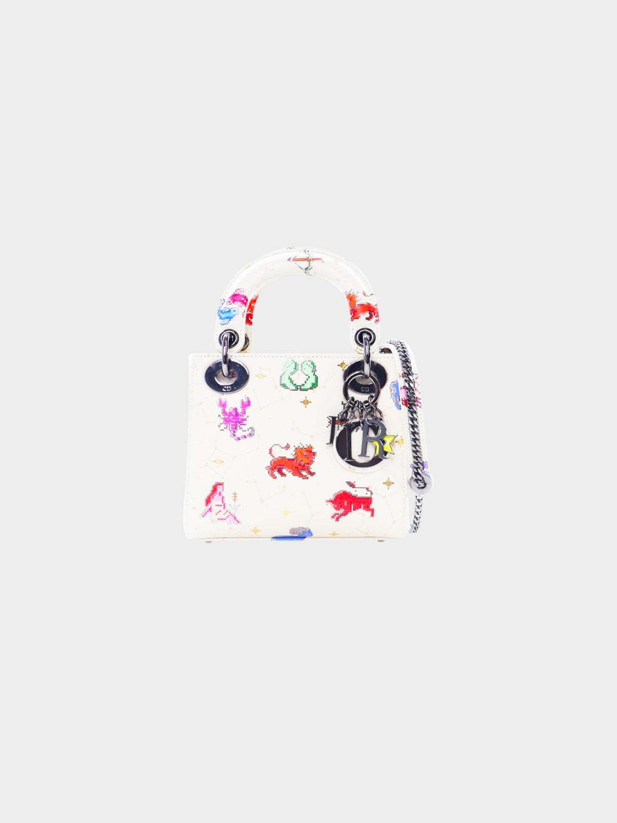 Christian Dior 2022 White and Multicolor Zodiac Pixel Print Mini Lady Dior 2-Way Hand Bag