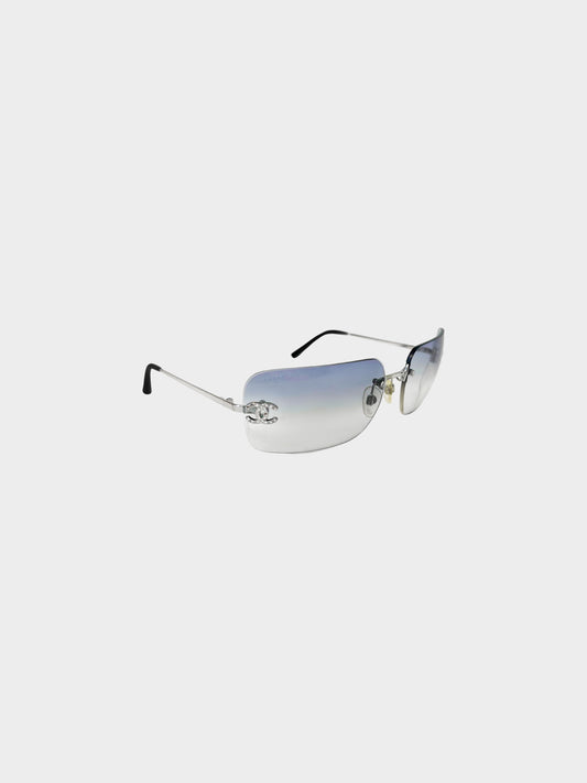 Chanel 2000s Gradient Blue Rimless Sunglasses with Rhinestones