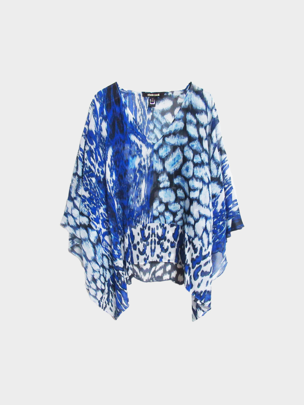 Roberto Cavalli 2010s Blue and White Animal Print Silk Poncho