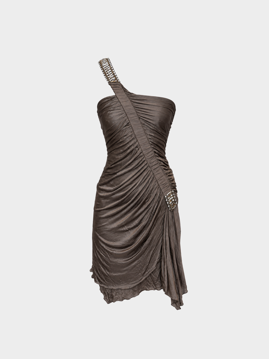 Roberto Cavalli 2000s Bronze Taupe Crystal-Embellished One-Shoulder Ruched Mini Dress
