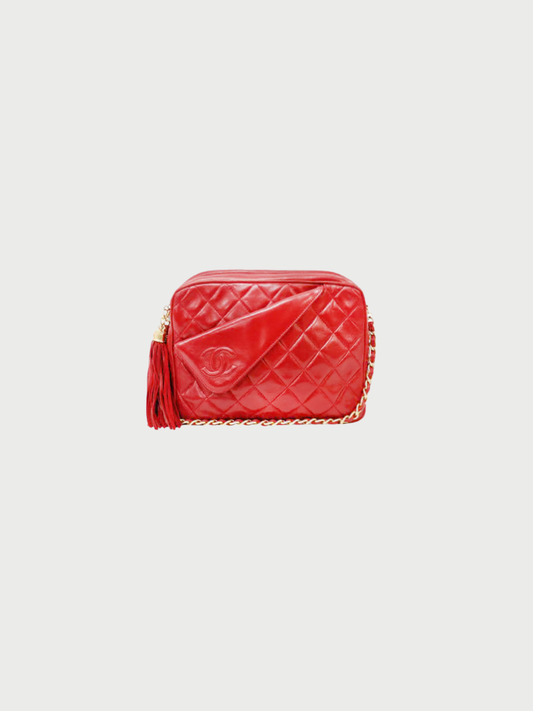 Chanel 1980s Red Lambskin Matelassé Tassel Chain Shoulder Bag
