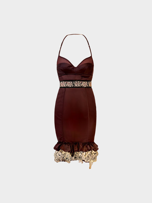 Roberto Cavalli 2000s Burgundy Silk Ruffled Hem Bustier Dress