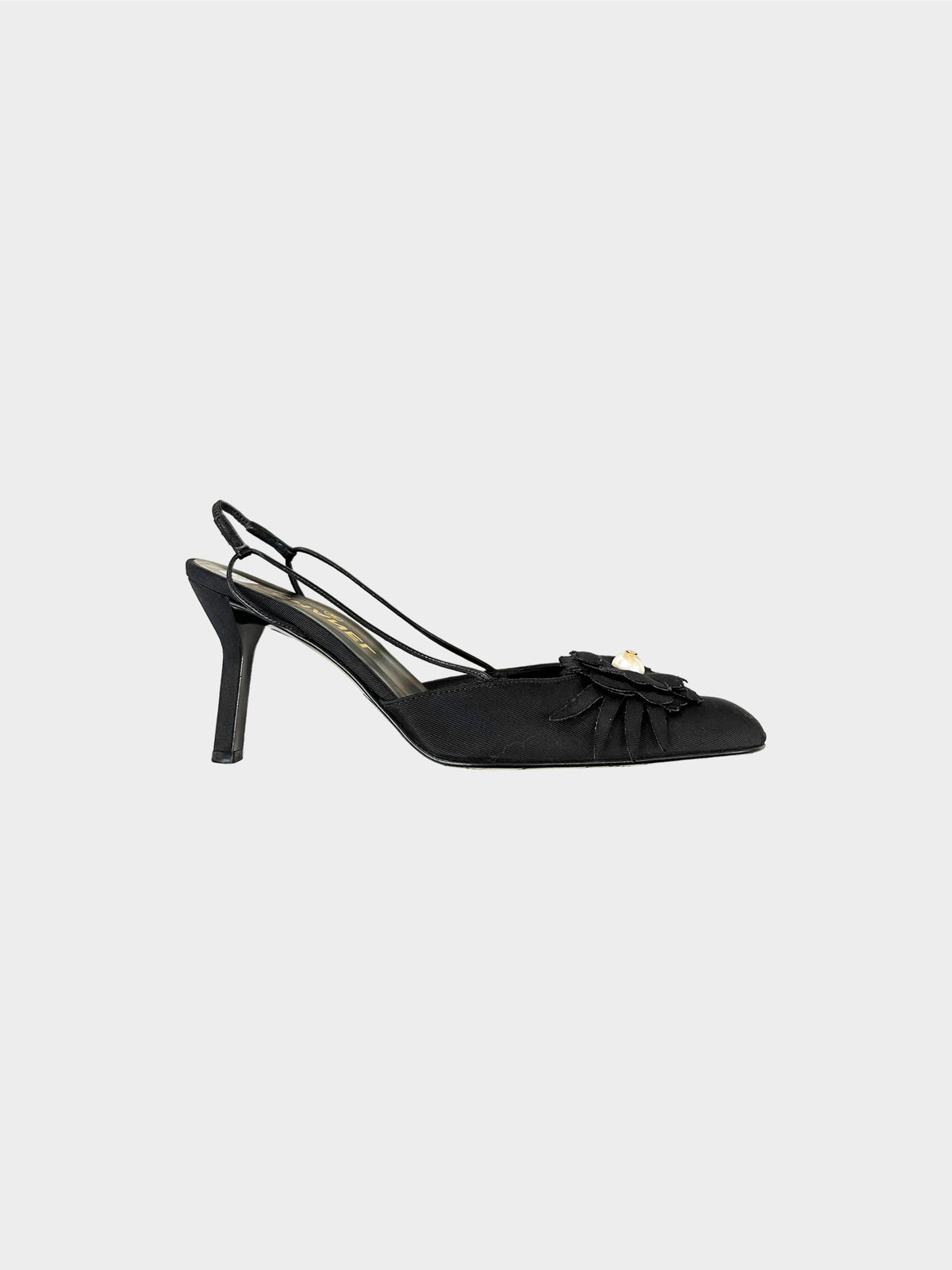 Chanel 2003 Black Grosgrain Camellia Slingback Heeled Mules