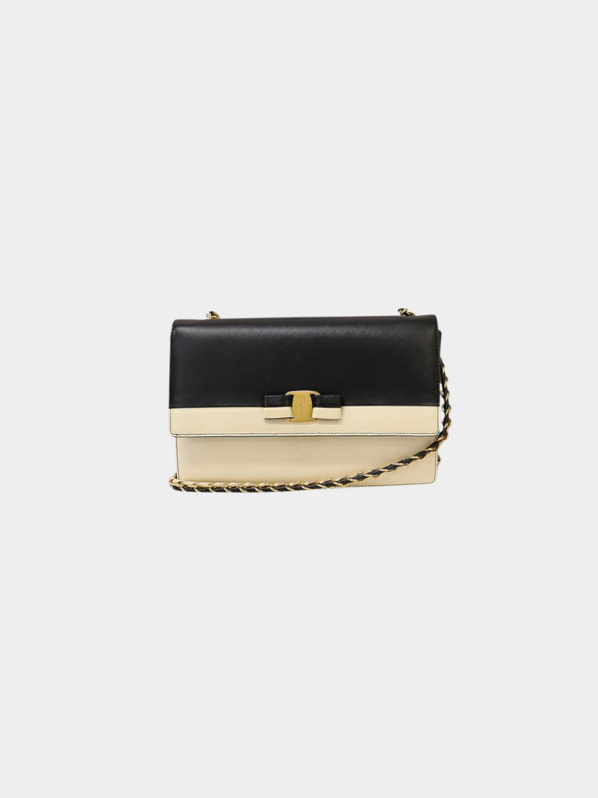 Salvatore Ferragamo 2000s Black White Vara Hardware Leather Chain Shoulder Bag