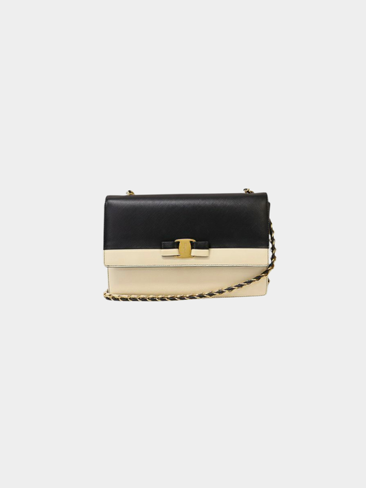 Salvatore Ferragamo 2000s Black White Vara Hardware Leather Chain Shoulder Bag