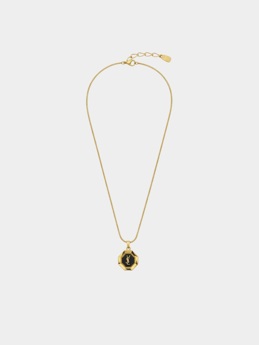 Yves Saint Laurent 2000s Gold Black Logo Pendant Necklace
