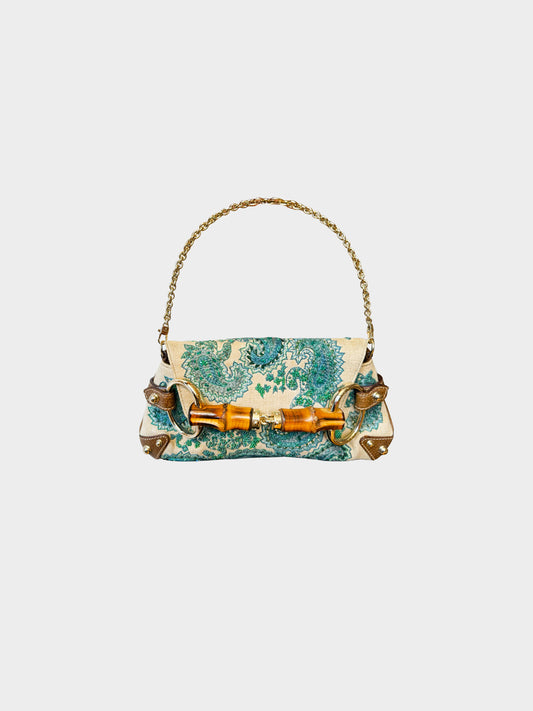 Gucci by Tom Ford 1995 Embroidered Paisley Canvas and Leather Bamboo Horsebit Bag