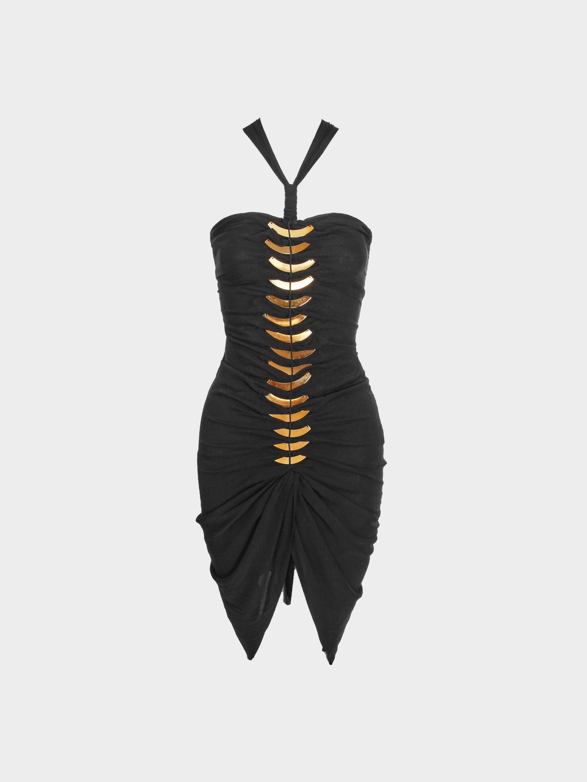 Gucci by Tom Ford 2004 Black Halter Dress with Gold Metal Embellishments