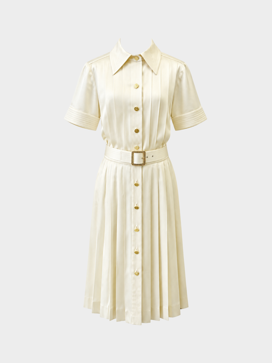 Chanel 1988 Cream Silk Pleated Runway Dress with Belt
