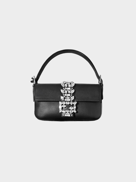 Fendi 2018 Black Leather Swarovski Crystal-embellished Baguette