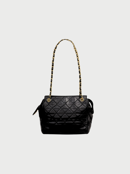 Chanel 1995 Black Lambskin Logo Chain Shoulder Bag