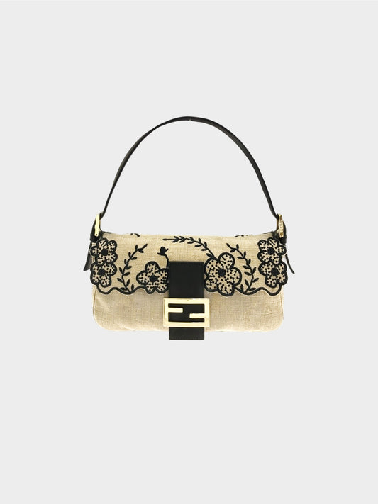 Fendi 2000s Beige Floral Embroidered Linen Baguette
