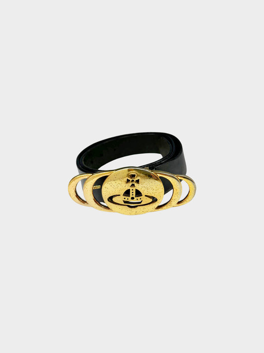 Vivienne Westwood 2000s Black and Gold Orb Logo Leather Belt