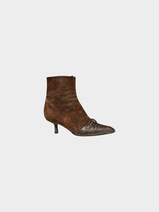 Chanel 2000s Brown Suede and Lizard Leather Buckled Ankle Boots