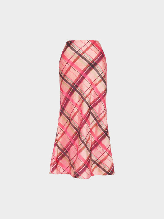 Yohji Yamamoto SS 2013 Pink Check Pattern Print Silk Skirt