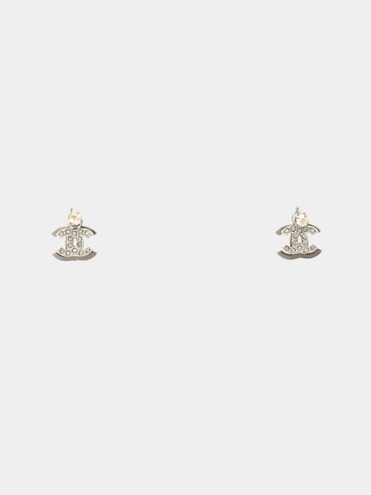 Chanel 2000s Silver Double COCO Rhinestone Earrings