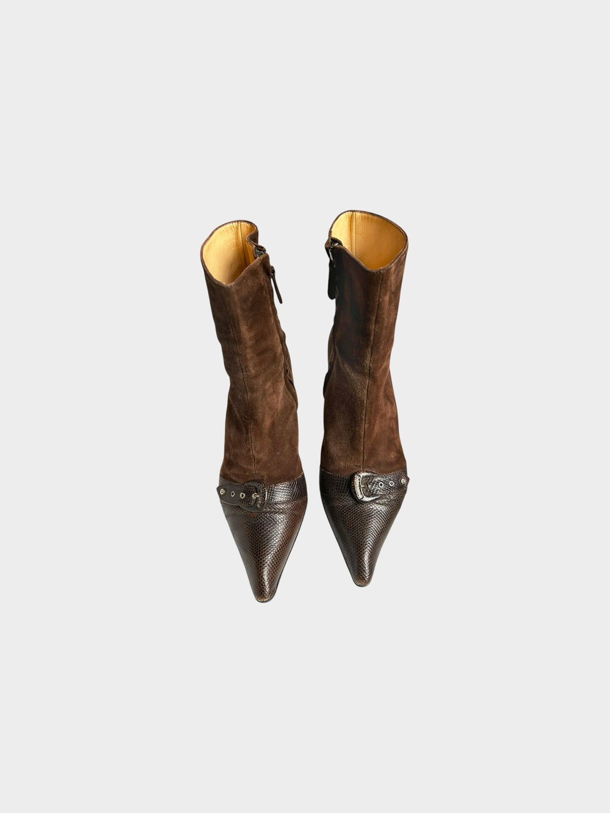 Chanel 2000s Brown Suede and Lizard Leather Buckled Ankle Boots
