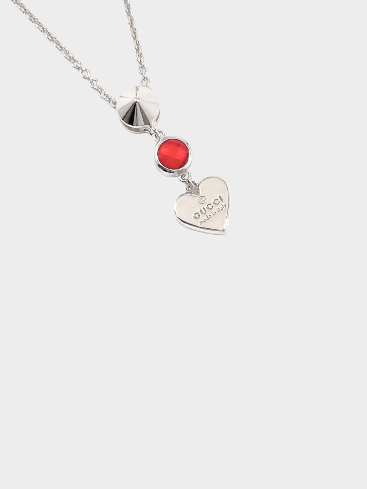 Gucci 2000s Silver Crystal Trademark Heart Pendant Necklace