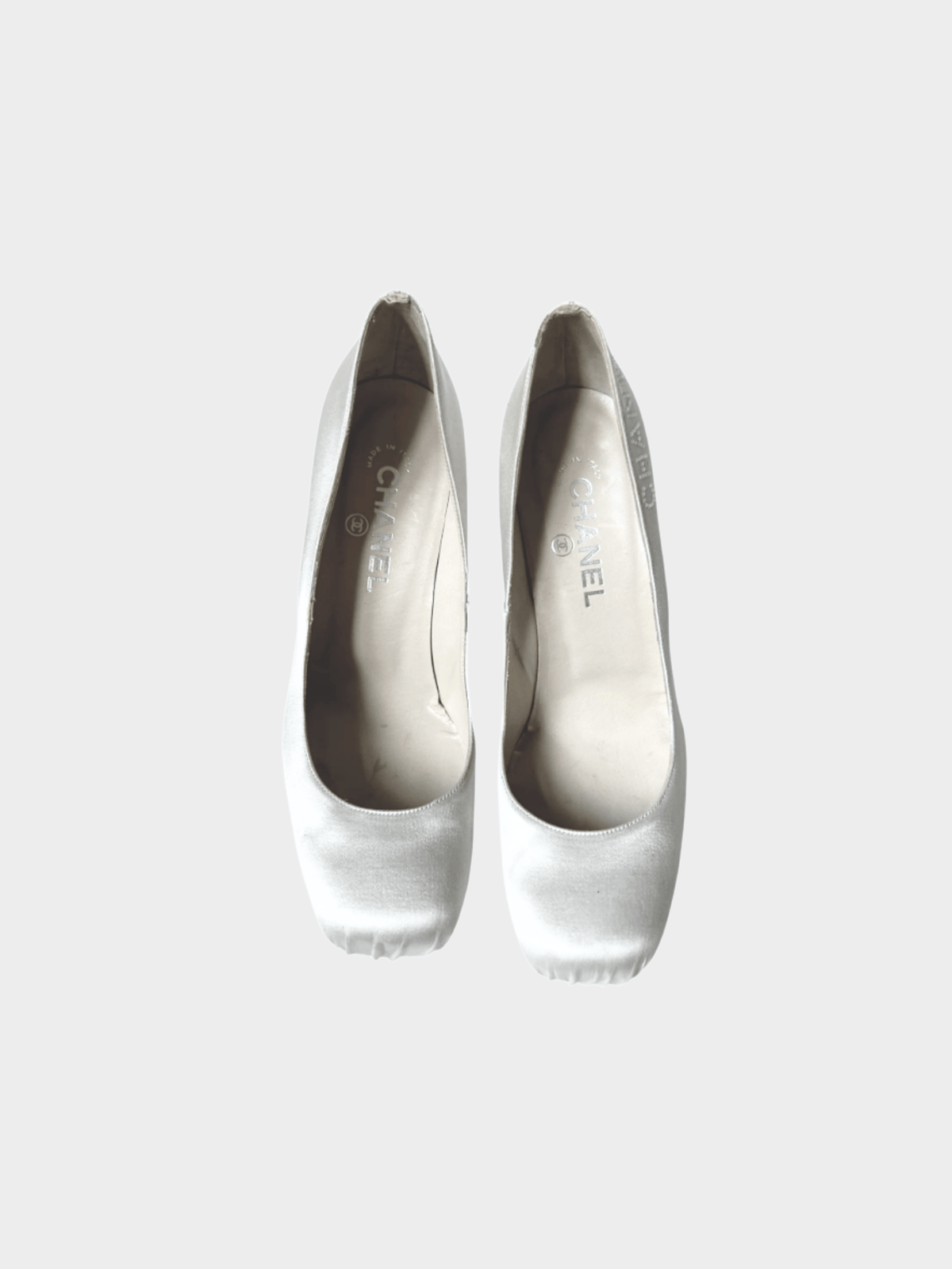 Chanel 2000s White Ballet Satin Metallic Heels