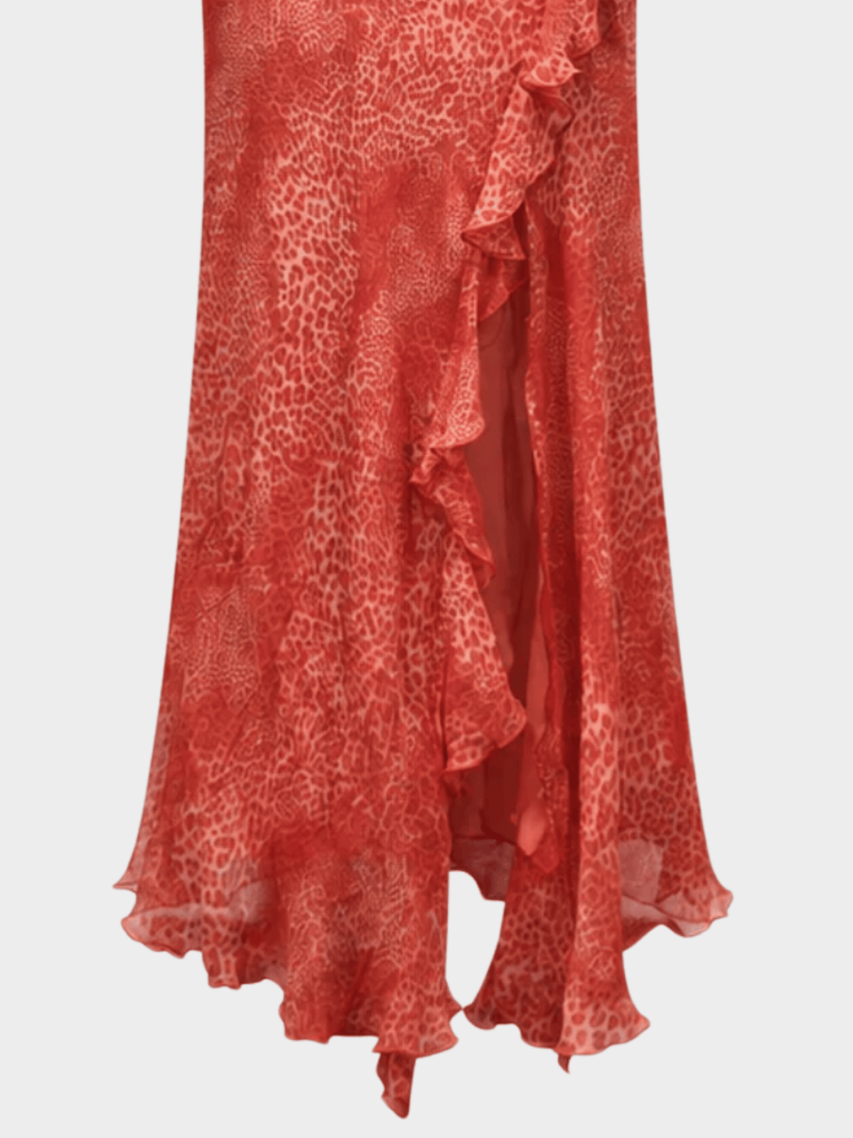 Blumarine 2000s Red Leopard Print Ruffled Silk Dress