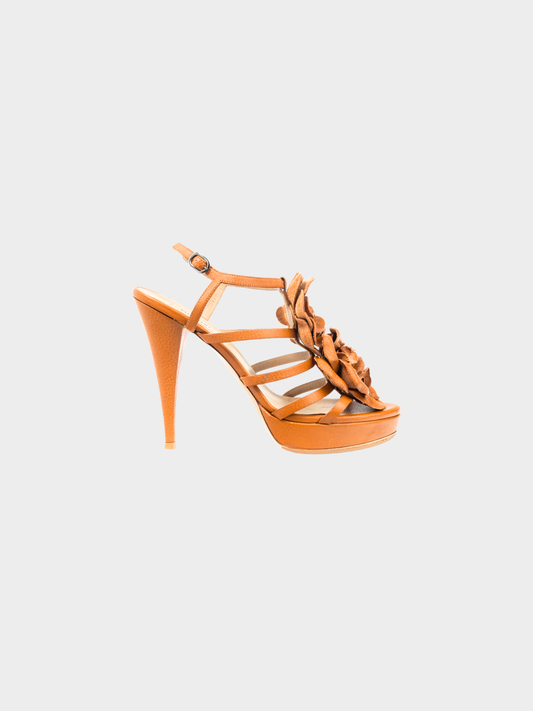 Valentino 2000s Brown Leather Rosette Platform Sandals