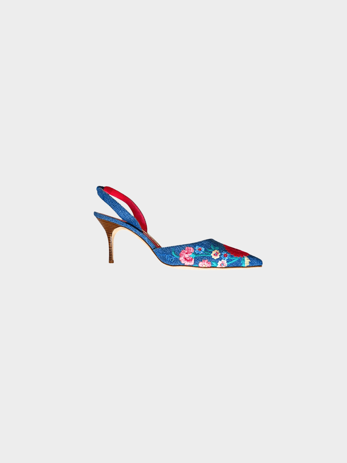 Manolo Blahnik 2000s Denim Floral Print Slingback Pumps