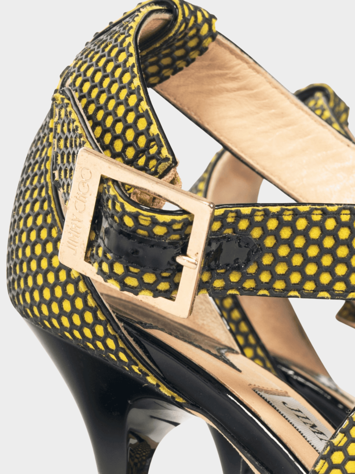 Jimmy Choo 2010s Lottie Acid Yellow Honeycomb Suede Strappy Sandals
