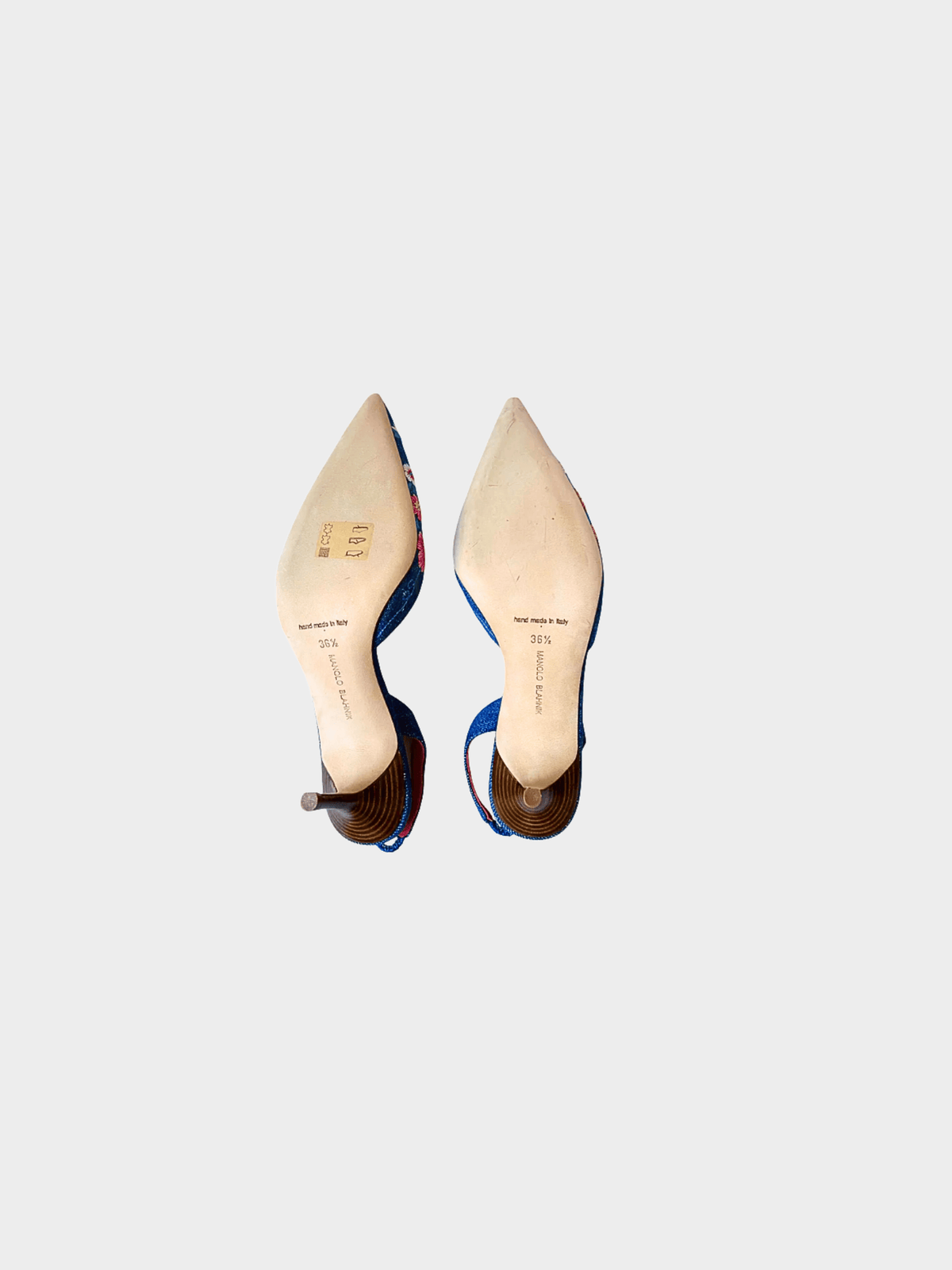 Manolo Blahnik 2000s Denim Floral Print Slingback Pumps