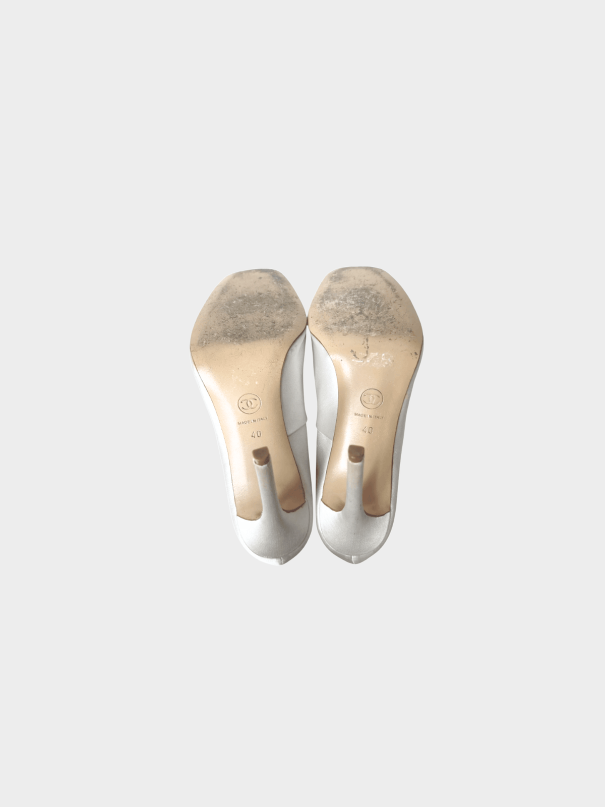 Chanel 2000s White Ballet Satin Metallic Heels