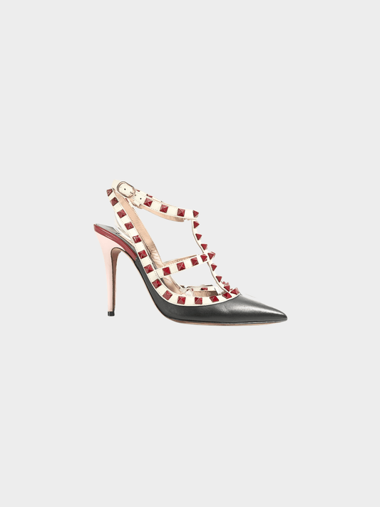 Valentino 2000s Black and Off White Leather Rockstud Ankle Strap Pumps