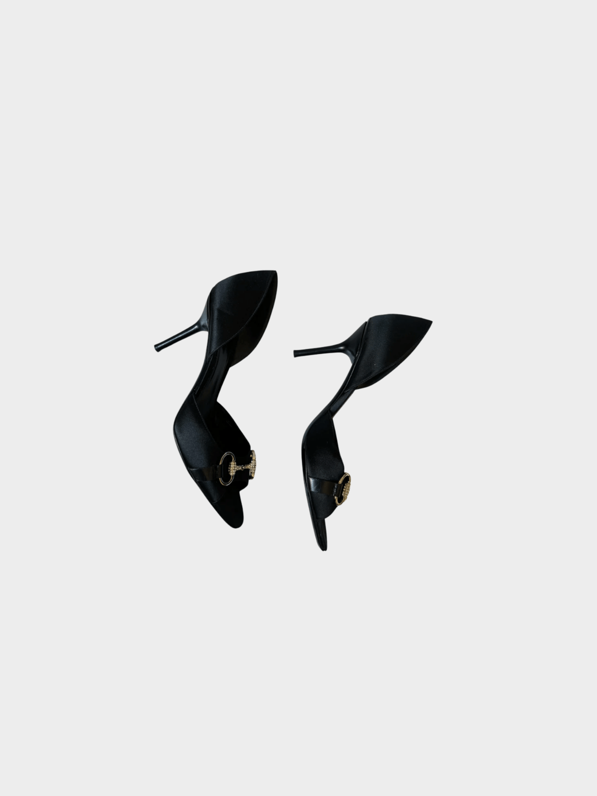 Gucci 2000s Black Satin Silver Crystal Buckle D’Orsay Heels