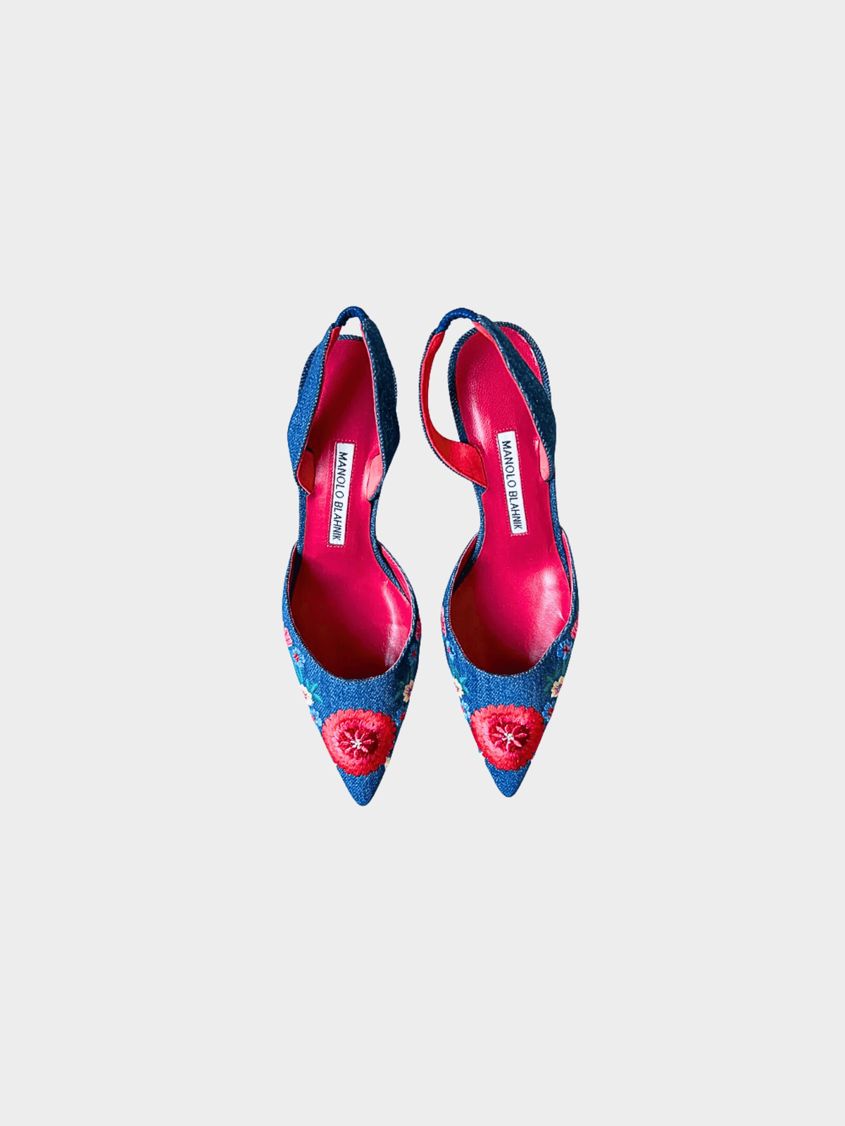 Manolo Blahnik 2000s Denim Floral Print Slingback Pumps