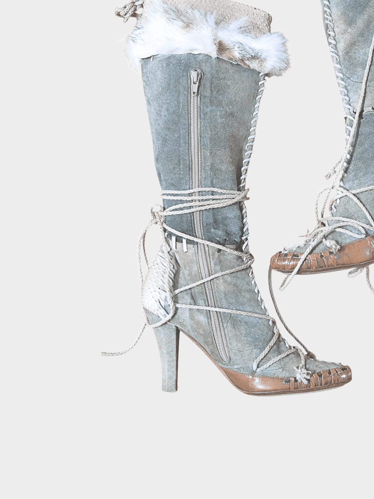 John Galliano 2000s Grey Suede Fur Python Boots