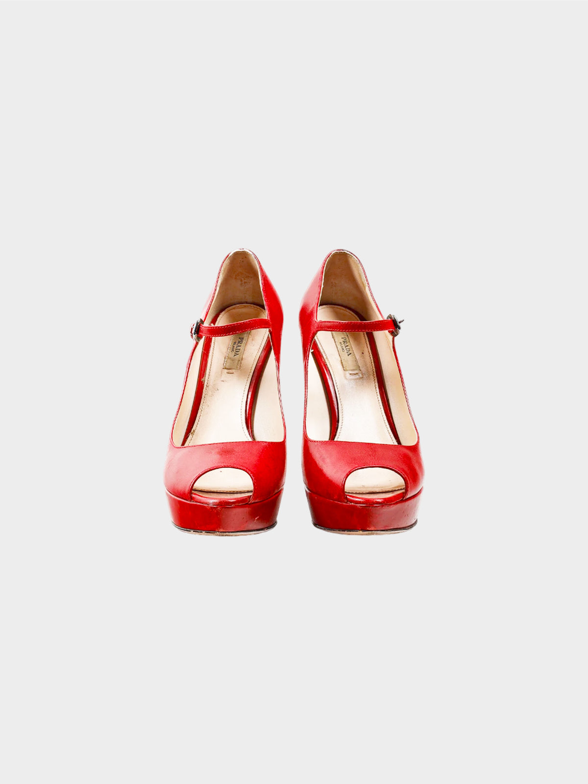 Prada 2010s Red Leather Mary Jane Peeptoe Platform Pumps
