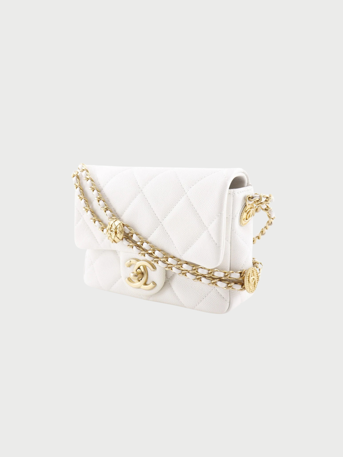 Chanel 2010s White Caviar Leather Matelassé Flap Shoulder Bag