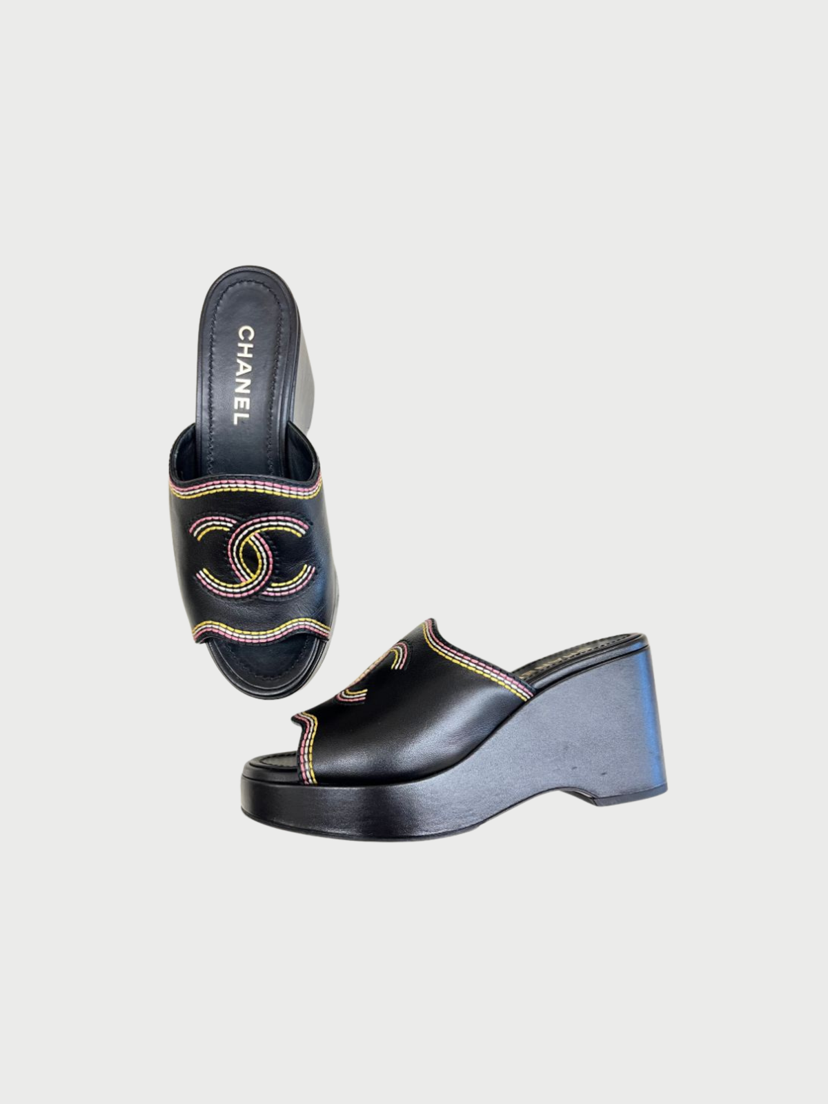 Chanel 2000s Black Leather CC Logo Wedge Sandals