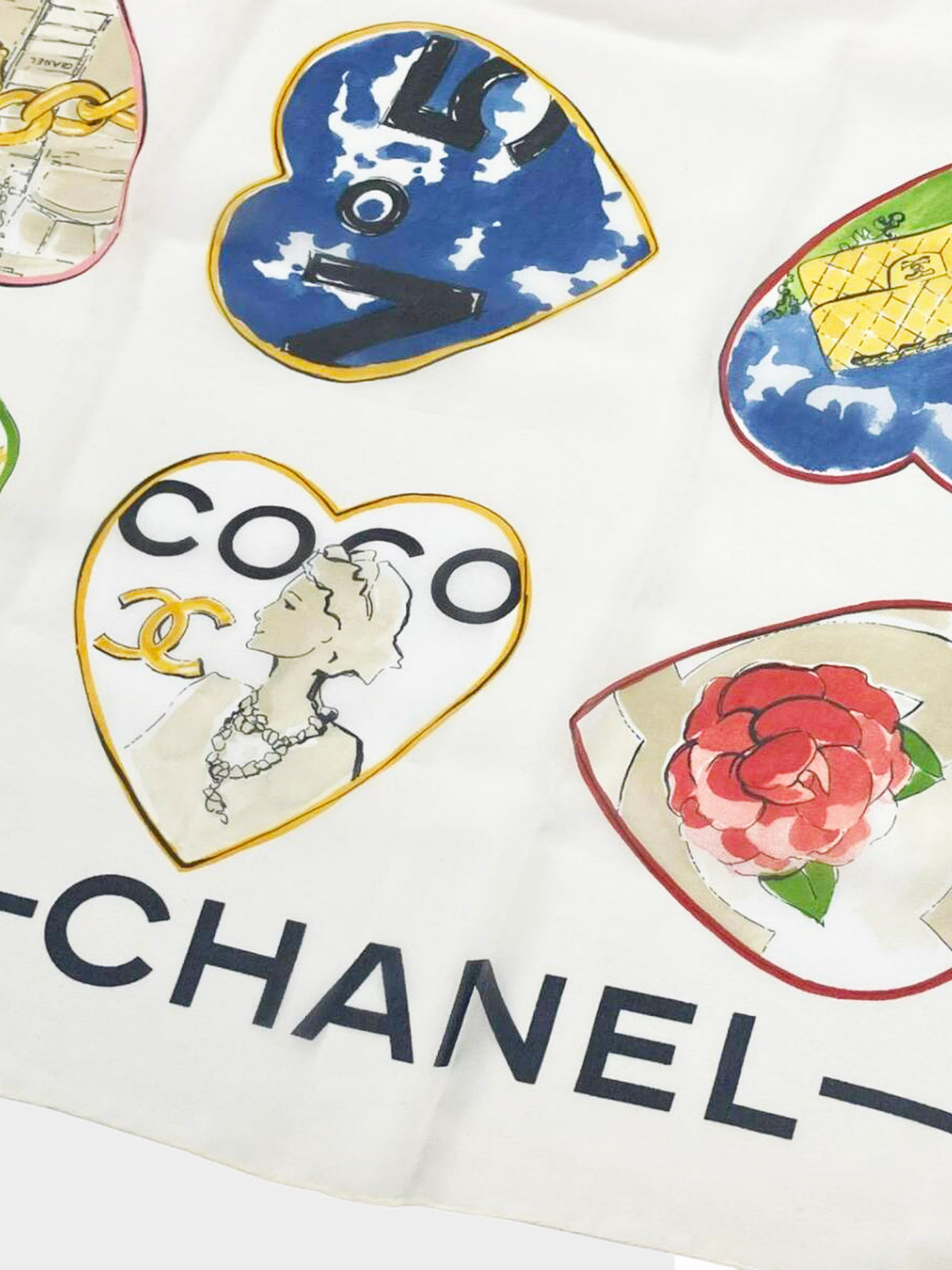 Chanel 2000s Rare Multicolor Heart Motif and Coco Mark Print Large Silk Scarf