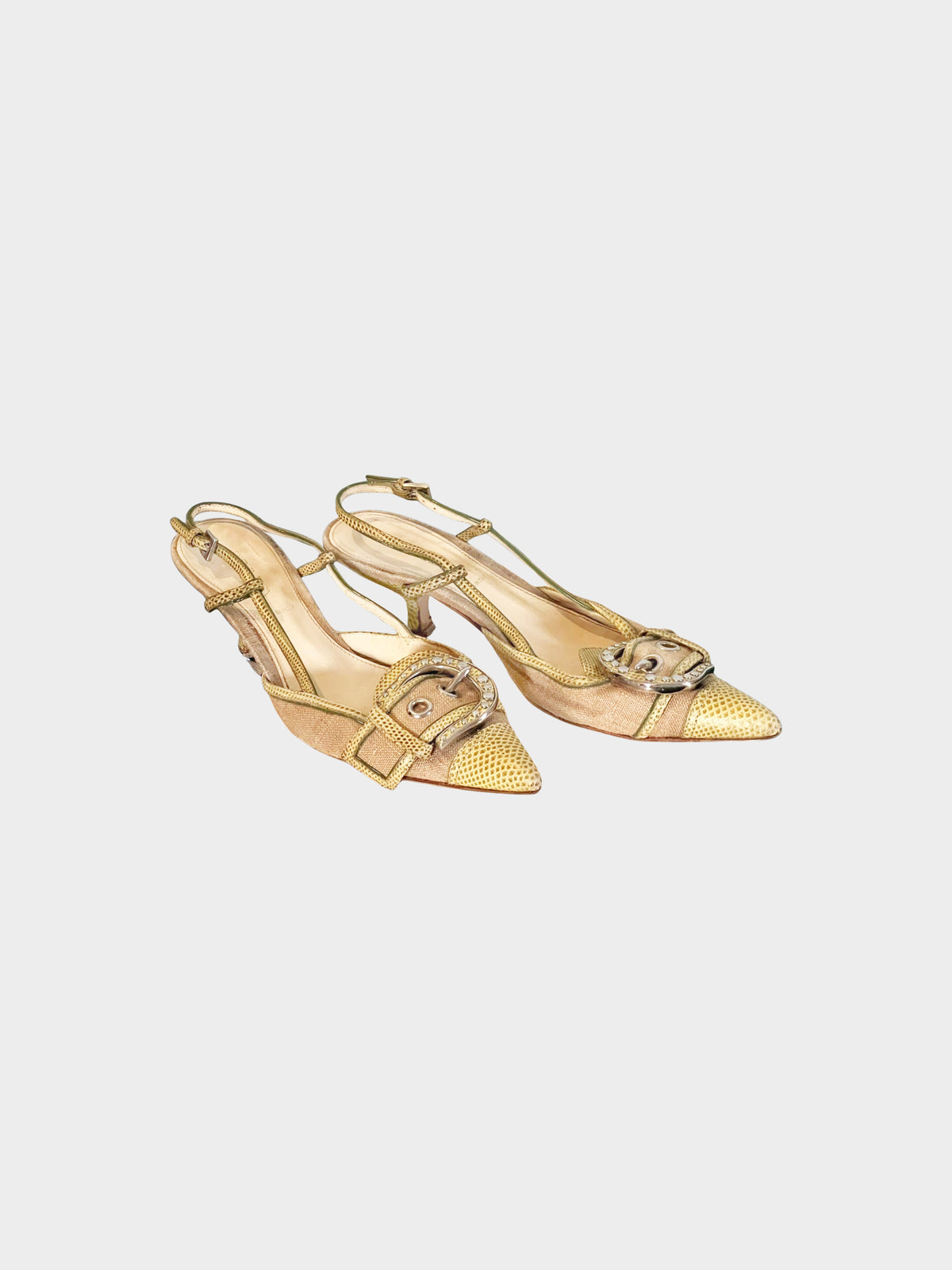 Prada 1990s Green Lizard Leather and Jute Buckle Slingback Heels