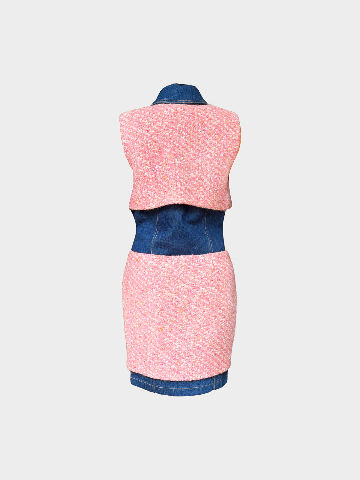 Moschino 2010s Couture Denim and Pink Tweed Button-down Paneled Fitted Dress
