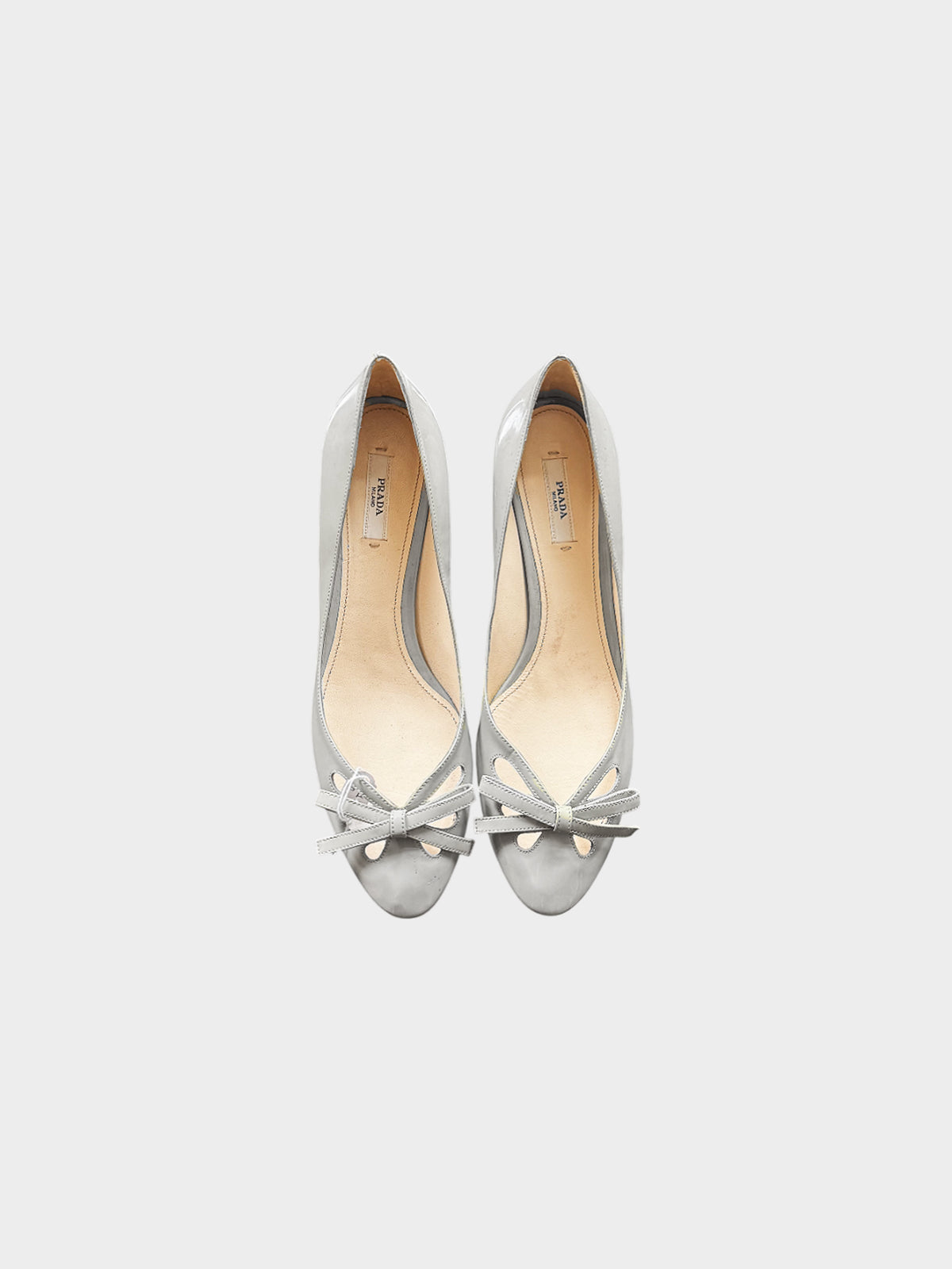 Prada 2000s Grey Patent Leather Bow Pumps