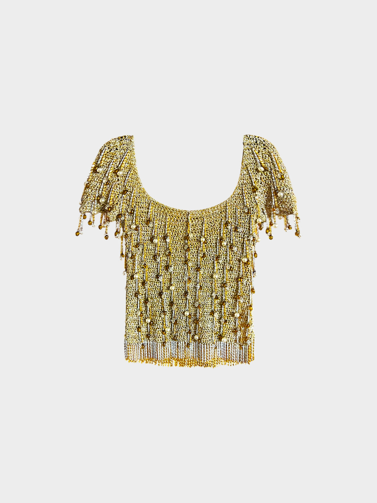 Loris Azzaro 1970s Metallic Gold and Silver Beaded Lurex Crochet Top