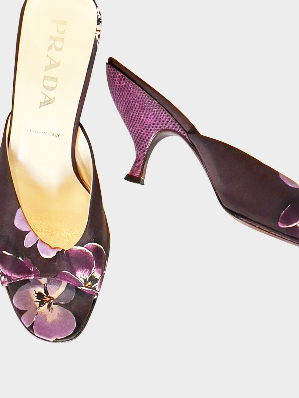 Prada FW 2000 Purple Silk Floral Print Heels