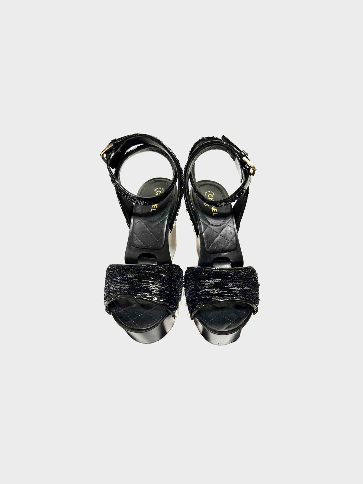 Chanel Cruise 2016 Black Patent Leather and Sequins Lotus Wedge Sandals