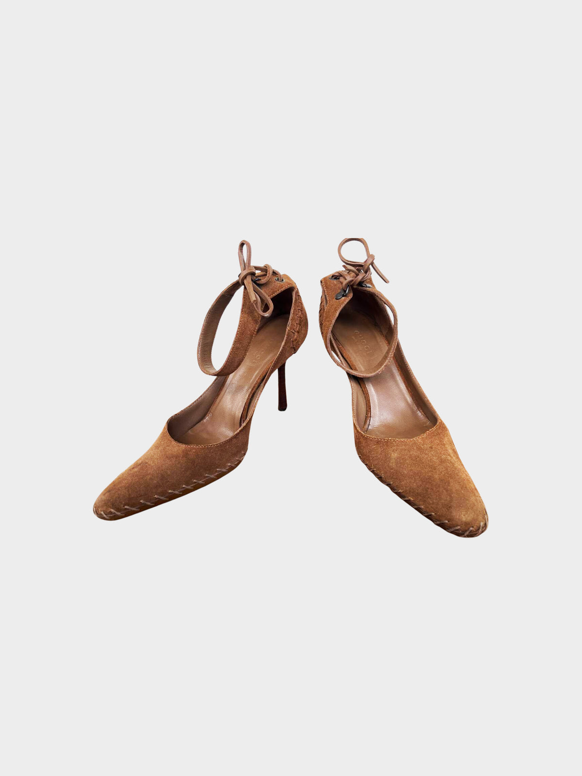 Gucci by Tom Ford Early 2000s Brown Suede Whipstitch D’Orsay Heels
