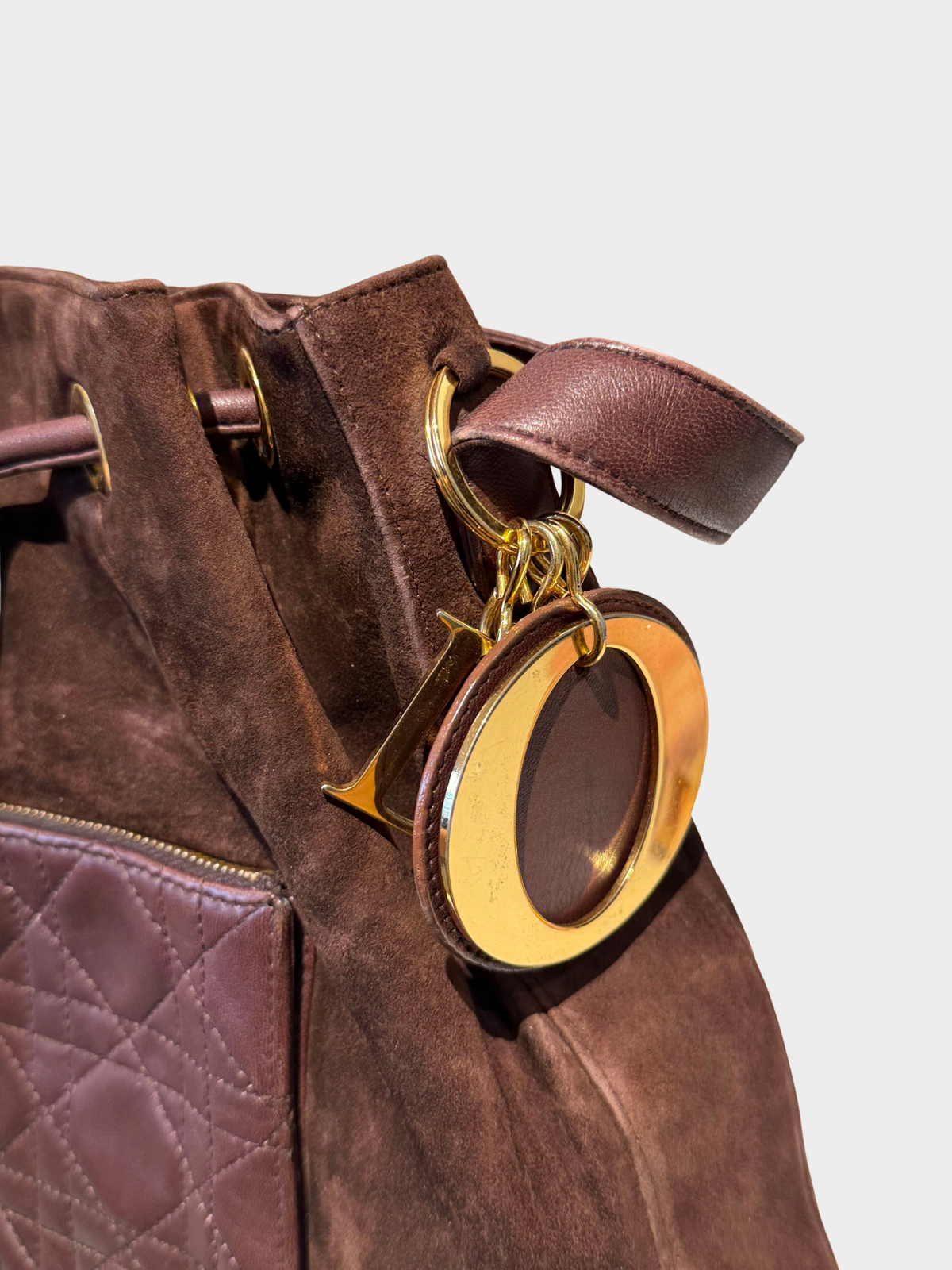 Christian Dior 2000s Dark Brown Suede Cannage Drawstring Bucket Bag