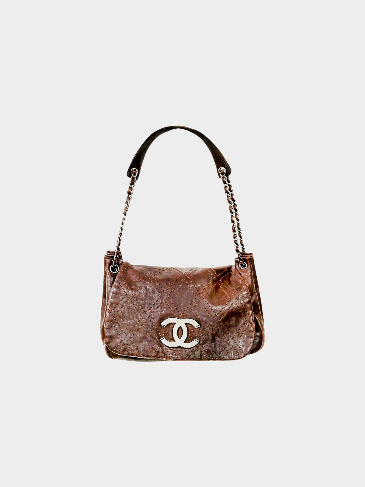 Chanel 2006 Brown Calfskin Leather Diamond Stitch Accordion Flap Bag